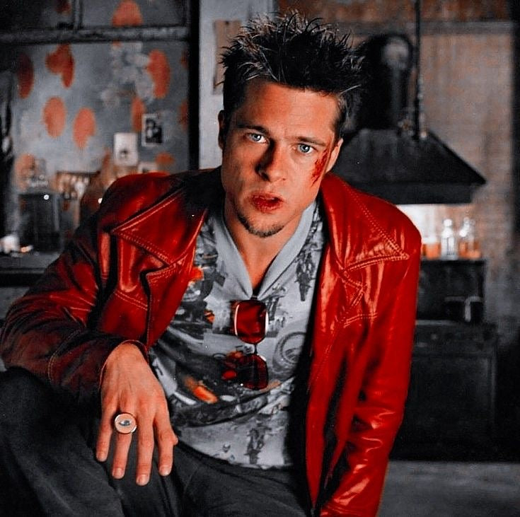 Fight Club Tyler Durden leather jacket and blue t-shirt